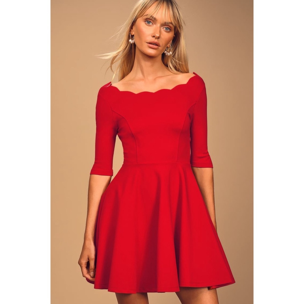 Lulus Tip the Scallops Red Scalloped Skater Dress size Small